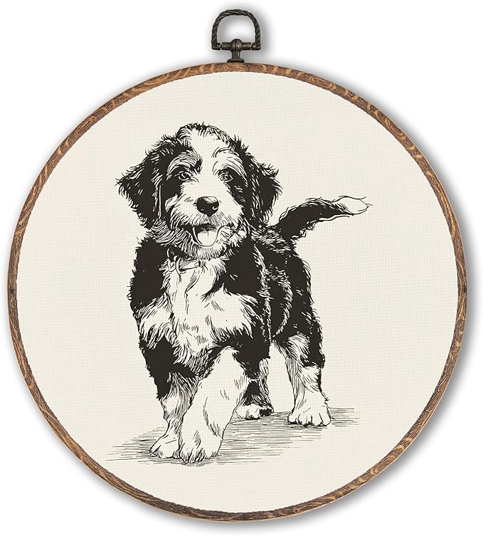 Vintage Bernedoodle Round Wall Art Framed, Retro Weiner Dog Round Wall Decor, Bernedoodle Weiner Dog Gifts Hanging Canvas Print Wall Sculpture for Bedroom Living Room Decor, 10x10 Inch