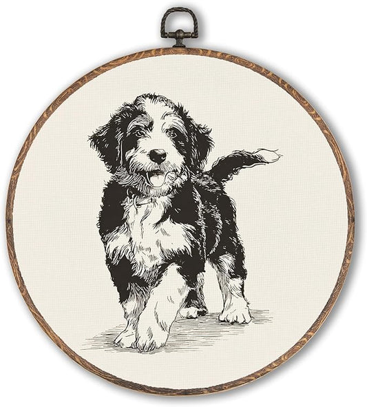 Vintage Bernedoodle Round Wall Art Framed, Retro Weiner Dog Round Wall Decor, Bernedoodle Weiner Dog Gifts Hanging Canvas Print Wall Sculpture for Bedroom Living Room Decor, 10x10 Inch