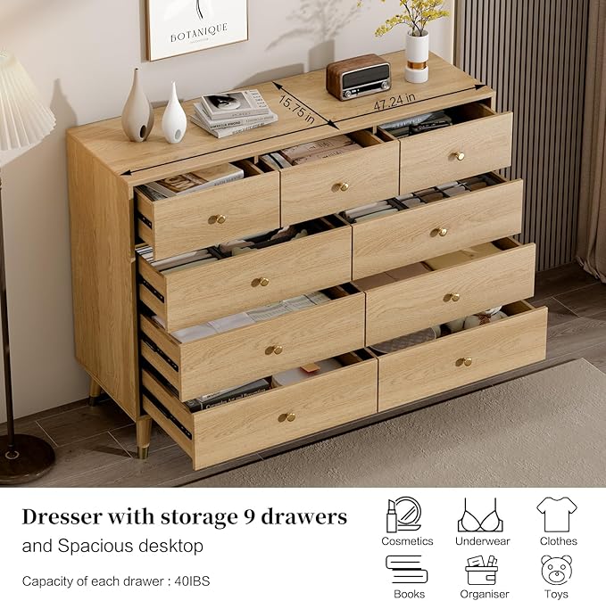 9 Drawers Dresser for Bedroom,35.4" Tall Wood Rustic Modern Chest of Drawers with Natural Texture,with Anti-Tipping Device, Storage Dressers Organizer for Bedroom, Living Room,Oak