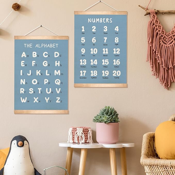 Kids Alphabet and Numbers Educational Chart Set of 2 for Classroom Decor,Colorful Educational Poster for Toddlers 1-3,Toddler Learning Poster for Kids Ages 3-5 for Nursery Playroom,Classroom Must Haves 18.5x14 Inch (Blue)