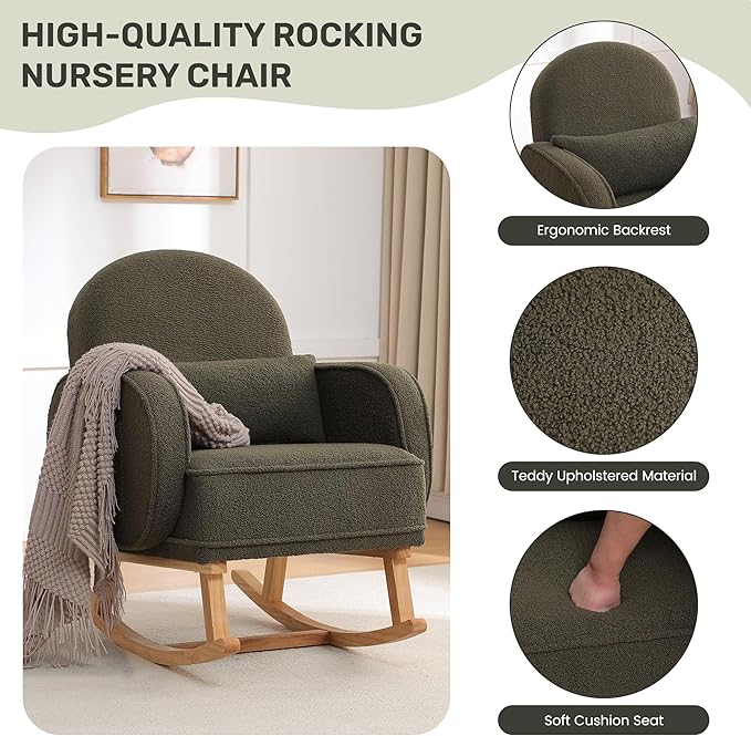 Rocking Chair with Ottoman, Nursery Glider Rocker with High Backrest and Side Pocket, Teddy Rocking Accent Armchair with Solid Wood Legs for Nursery, Living Room, Bedroom Green