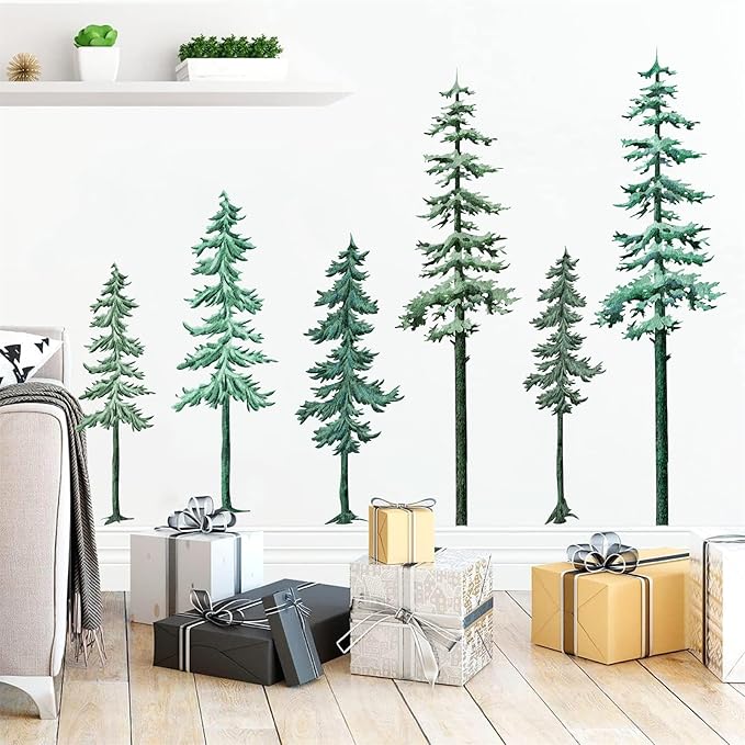 Large Pine Tree Wall Decal Big Pine Trees Wall Stickers Watercolor Green Tree Wall Sticker Winter Forest Plants Wall Decals Xmas Woodland Trees Stickers for Bedroom Nursery Living Room