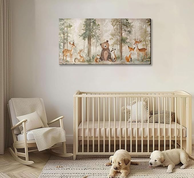 Woodland Animal Nursery Canvas Wall Art Wild Animals Forest Paintings Pictures Wall Decor Fox Bear Deer Watercolor Poster Print Artwork for Boys Room Girls Room Home Decoration （Framed）
