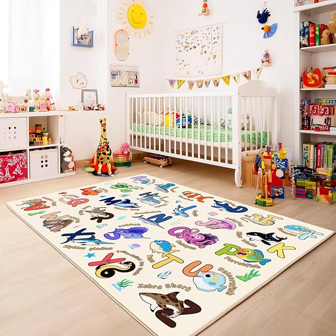 Kids Rugs for Playroom, 5x7 Feet Educational Rug for Learn The ABC Alphabet, Soft Machine Washable Non-Slip Cute Marine Organisms Carpet for Classroom Toddler Nursery Kids Room Decor, Beige