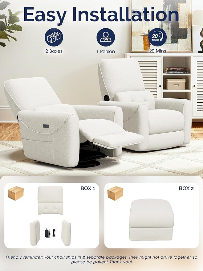 KINGYES Nursery Rocking Chair, Glider Rocking Chair for Nursery, 270° Swivel Glider, Bluetooth Speaker & USB-C Port, Fabric Nursery Recliner Sofa, Cream