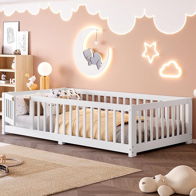 Bellemave Twin Size Floor Bed with Rails for Kids, Girls, Boys, Pine,Plywood Floor Bed with slats and Door, White