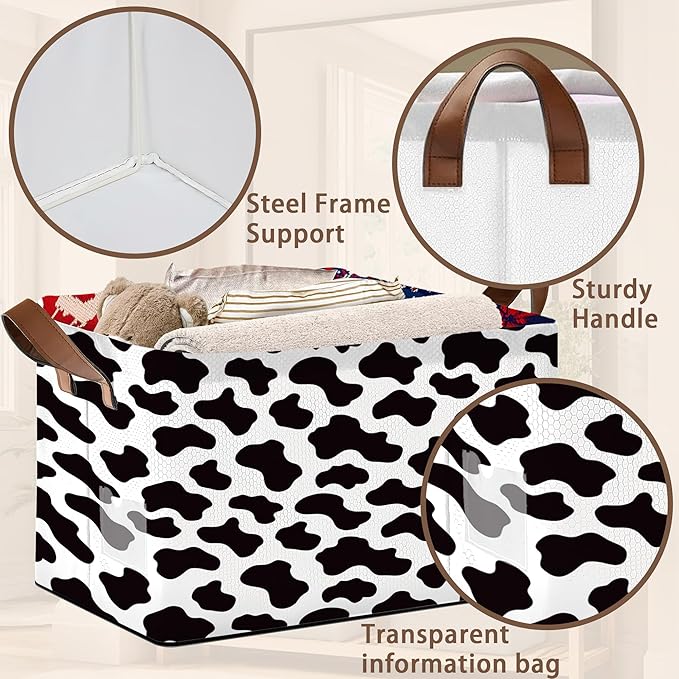 Cow Pattern Storage Basket Large 17x11.5x10.5 Inche-Collapsible Fabric Organizer Bin with Handles for Nursery, Farmhouse Decor, Toys-Foldable Decorative Hamper with Animal Print Design-Single Pack