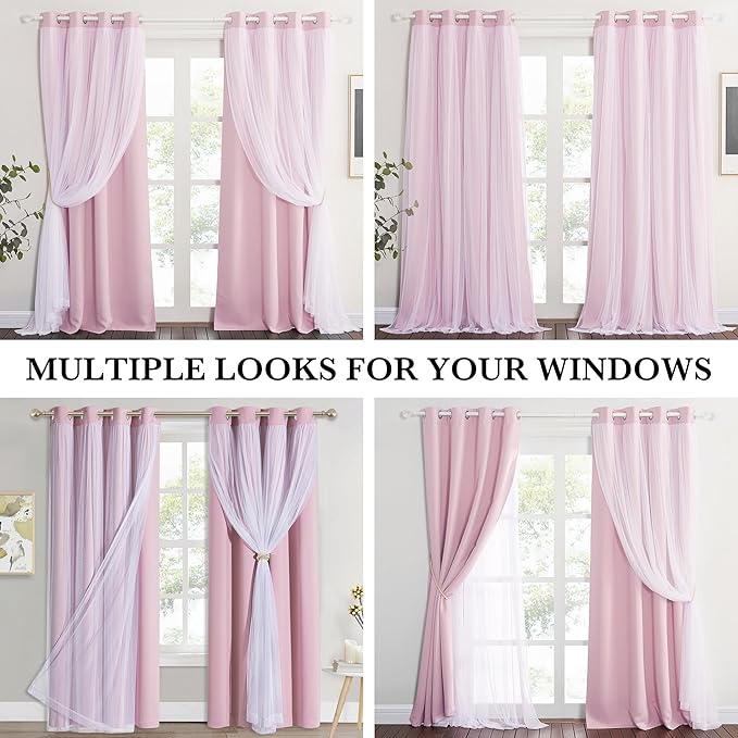 PONY DANCE Blush Pink Drapes - Girls Bedroom Curtains Double-Layered Panels with Tie-Backs Solid Blackout Sheer Curtains 63 inches Long, 52 Inch Wide Drapes with Grommet Top, 2 Pieces