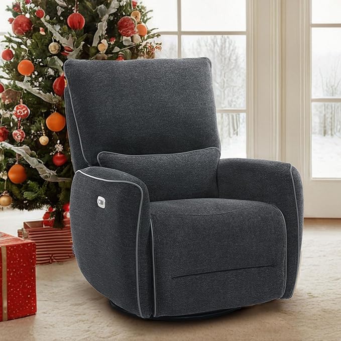 MCombo Power Swivel Glider Rocker Recliner Chair, Electric Swivel Rocker Recliner with USB Charging Ports for Living Room and Nursery, Fabric 6922 (Grey)