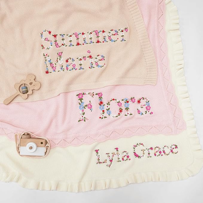 Personalized Floral Embroidered Name Blanket – Soft Cotton Knit Newborn Blanket, Custom Keepsake Gift, Cozy Cover for Girls, Unique Shower Present