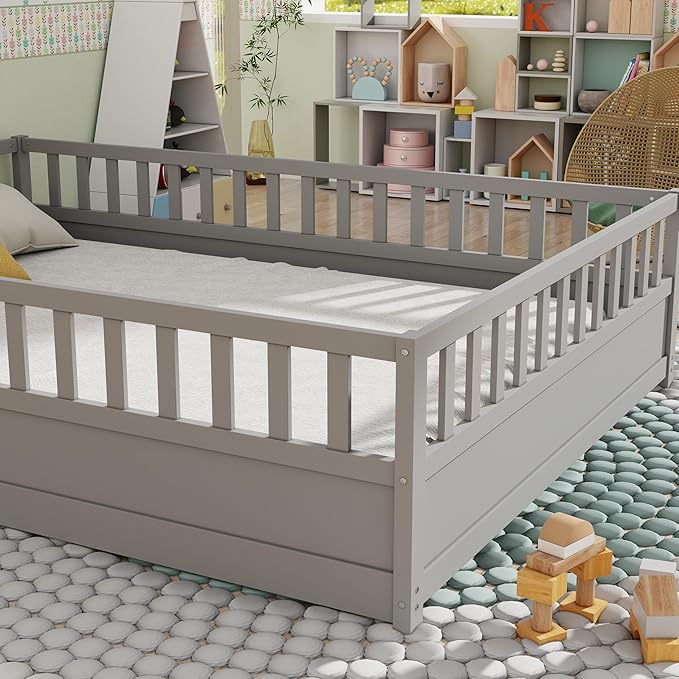 GDFStudio Full Size Floor Bed Frame with Opening Door & Guardrails, Montessori Toddler Full Bed Frame for Boys Girls, Wooden Low to Floor Bed Rails for Toddlers, Support Slat, Grey