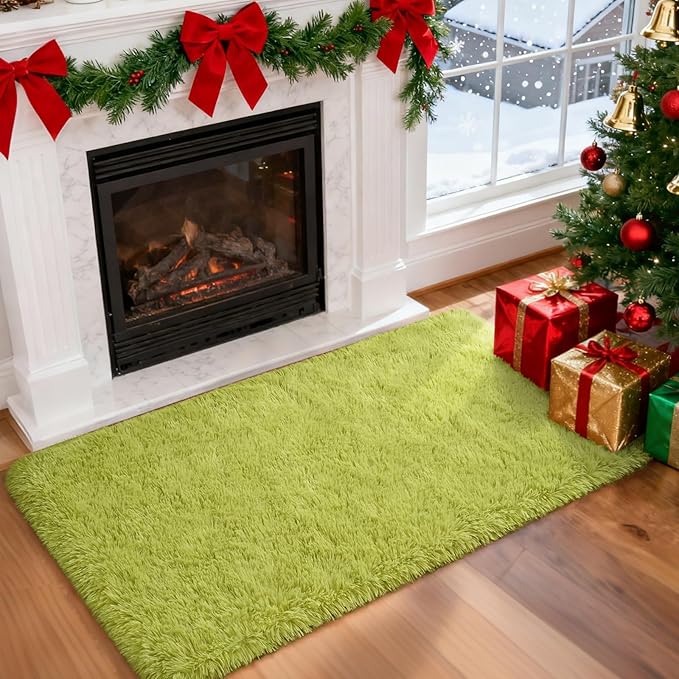Merelax Fluffy Shaggy Small Area Rug, Green 2x4 Indoor Rug Runner Rugs for Entryway Door Decor, Mini Fuzzy Plush Throw Rug, Soft Non-Slip Shag Catpet for Livingroom Holiday Doormat Home Aesthetic
