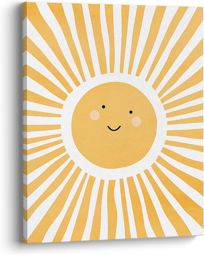 XWELLDAN Cute Cartoon Smiling Sun Cheerful Nursery Wall Art Canvas Prints,Watercolor Boho Neutral Sun Sunshine Wall Art Decor for Kids Baby Bedroom Nursery Playroom, 8x10 Inch, Framed