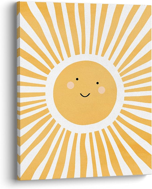 XWELLDAN Cute Cartoon Smiling Sun Cheerful Nursery Wall Art Canvas Prints,Watercolor Boho Neutral Sun Sunshine Wall Art Decor for Kids Baby Bedroom Nursery Playroom, 8x10 Inch, Framed