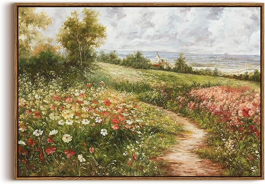 OIQArtOIQ Vintage Landscape Framed Wall Art Summer Countryside Wildflower Field Path Canvas Art Prints Farmhouse Cottagecore Pictures Wall Decor Rustic Meadow Paintings Artwork For Kitchen Bedroom