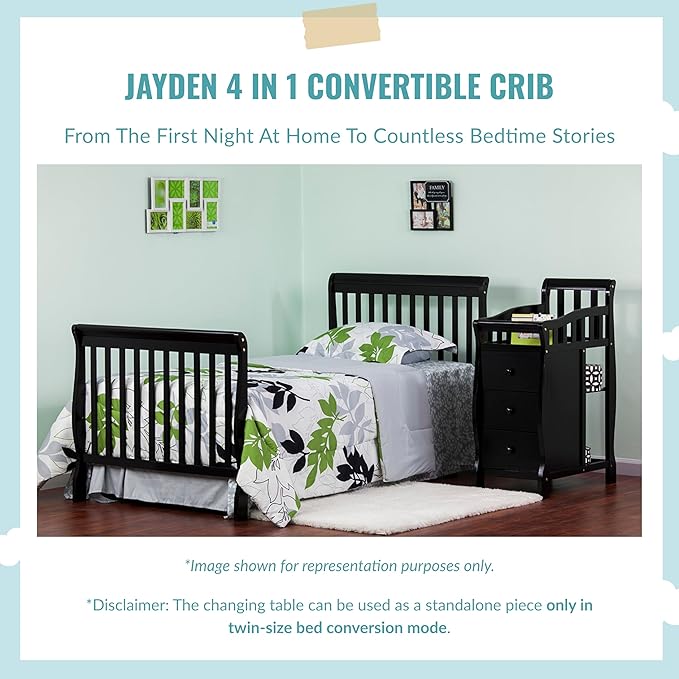 Dream On Me Jayden 4‑in‑1 Mini Convertible Baby Crib & Changer with Storage, Steel Grey, Pinewood, GreenGuard Gold & JPMA, 1” Mattress Pad, 3 Mattress Heights, Converts to Mini Day & Twin-Size Bed
