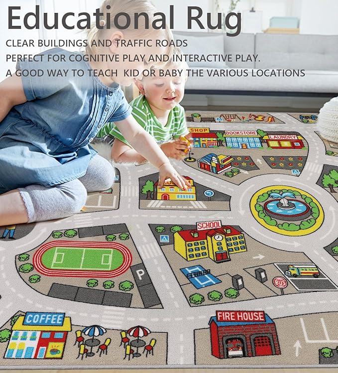 Kids Rug 6'6" x 5'0" City Life Playmat Area Rug Car City Map Washable Traffic Road Educational Learning Nursery Rug Carpet for Children Playroom Living Room Bedroom Classroom Decor Tan