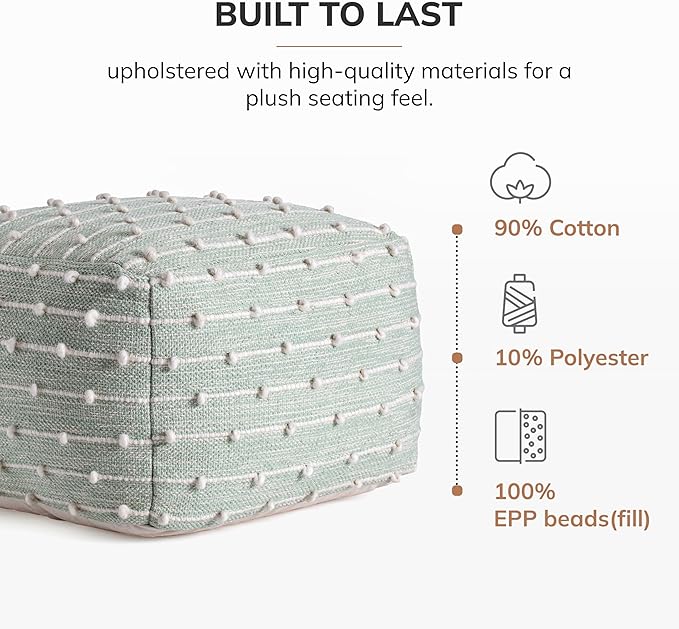 Anji Mountain 100% Handmade & Handcrafted Comfortable Home Décor Pouf Ottoman Footrest for Living Room, Bedroom, Nursery, Kidsroom, Patio Furniture - (22" x 22" x 16"- Teal,Ivory)