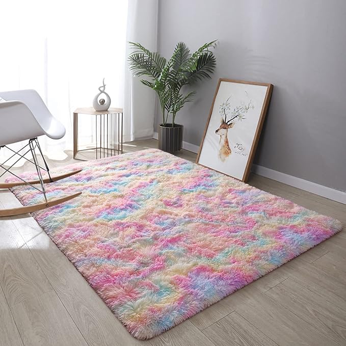 DweIke Fluffy Rainbow Rugs for Bedroom Living Room, 5x8 Large Soft Plush Shaggy Colorful Pink Girls Boys Kids Rug, Non-Slip and Machine Washable Carpet for Dorm Nursery Classroom Decor