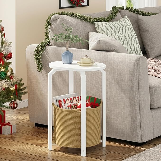 TUTOTAK Small Side Table, Oval End Table, Night Stand, Bedside Table, Sofa Table with Storage Basket, Living Room, Bed Room, White and Beige TB01BWN093