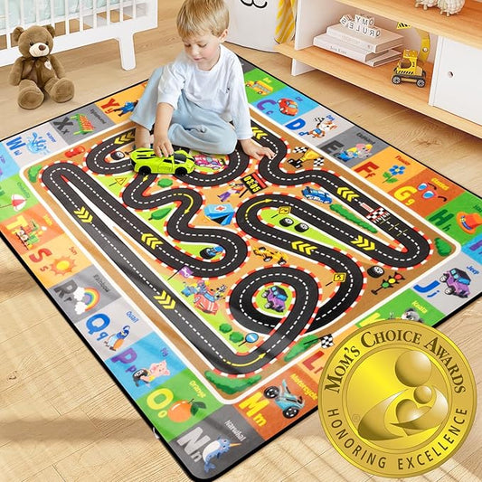 Race Track Car Rug 6x9FT Road Rug for Kids Toy Cars Non-Slip Play Carpet Baby Play Mat for Floor Washable ABC Alphabet Playroom Nursery Preschool Daycare Classroom Carpet