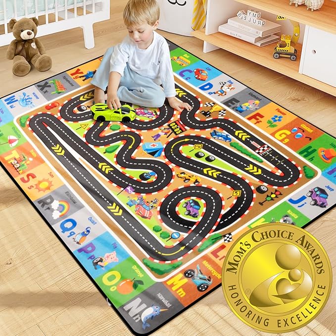 Race Track Car Rug 5x7FT Road Rug for Kids Toy Cars Non-Slip Play Carpet Baby Play Mat for Floor Washable ABC Alphabet Playroom Nursery Preschool Daycare Classroom Carpet