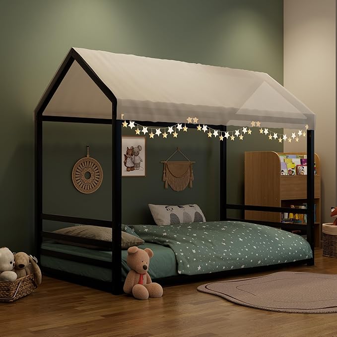 Harper & Bright Designs Twin Size Floor Bed Frame for Kids, House Bed with Roof and Guardrail, Metal Montessroi Floor Bed for Boys Girls, Easy Assemble, No Slats,Black