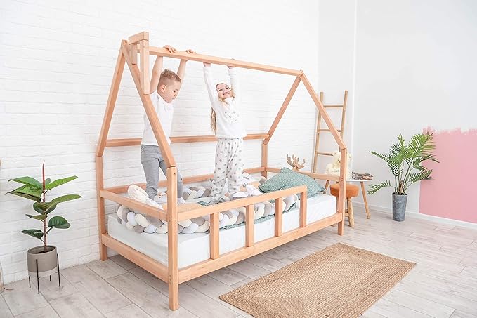 Montessori House Bed - Toddler Bed with Rails - Playpen Bed for Kids Girls & Boys - Busywood Montessori Floor Bed - Kids Bed with Slats - Small, Twin, Full, Queen, King - 7 Colors (Model 1)