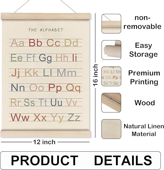 HRQKO Alphabet Poster Hanger Frame, Nursery Wall Decor, Boho ABC Poster Wall Art with Wooden Frames, Alphabet Banner Wall Hanging Decor for Toddler Playroom, 12x16 Inch