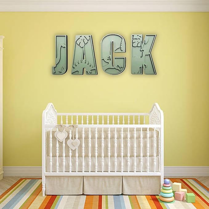 Personalized Wooden Name Sign - Custom Baby Name Signs for Nursery & Kids Room, Baby Announcement Sign, Wall Name Signs Personalized, Round Wooden Letters for Nursery Decor (Dinosaur 3D)