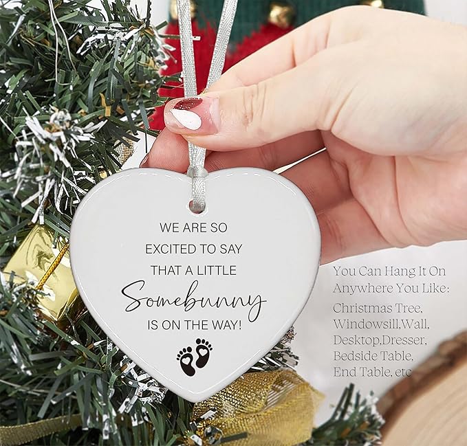 Heart Shaped Christmas Ornament-Pregnancy Announcement Gifts for New Grandparents Grandma Grandpa or Aunt or Uncle-Baby Coming Soon-Baby Reveal Keepsake-Ceramic Decor
