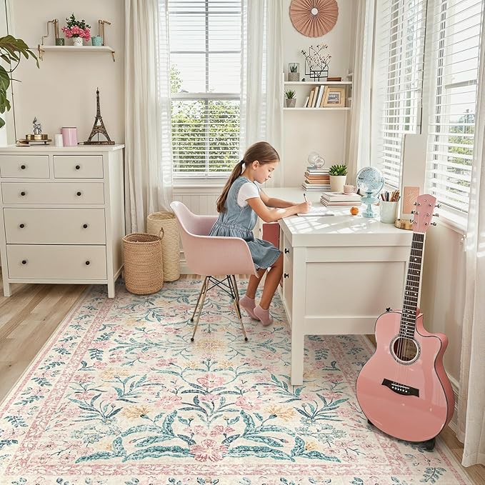 Lahome Large Rugs for Living Room, Boho Machine Washable 8x10 Area Rugs Girls Bedroom Decor, Ultra-Thin Soft Distressed Floral Carpets Non Slip for Office Dining Room, Pink/Multi