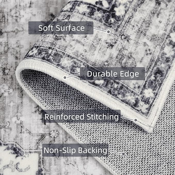 Runner Rugs for Hallway 2x6 Ft Non-Slip Fall Runner Rugs with Rubber Backing Washable Rug Runner for Kitchen Bedroom Vintage Distressed Carpet (Border Grey)