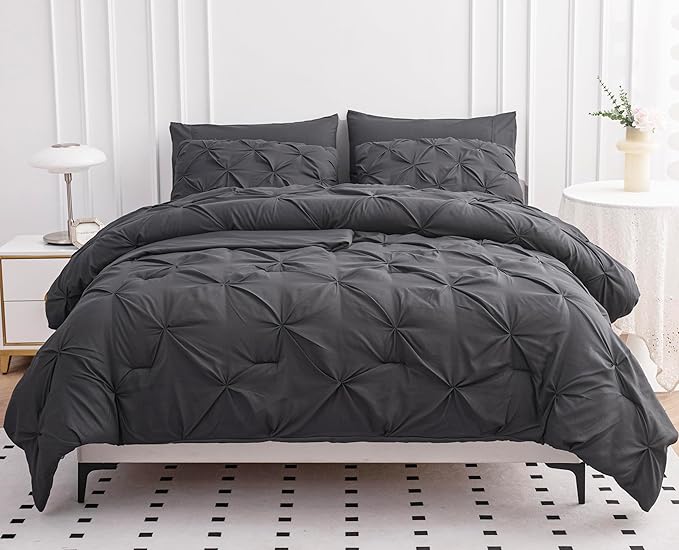 LANE LINEN Queen Comforter Set, 7 Piece Bedding Set, Pillowcases & Shams - Pintuck Comforter & Soft Queen Bed in a Bag Set - Grey