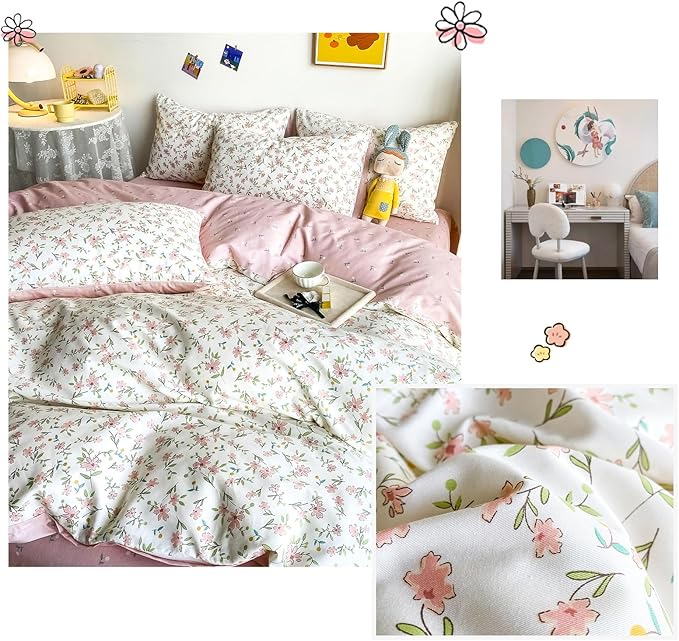 HighBuy White Cotton Floral Duvet Cover Full Girl Pink Floral Bedding Set Garden Style Botanical Coquette Bedding Comforter Cover with Zipper Closure,Cottagecore Duvet Cover Set Full,2 Pillowcases