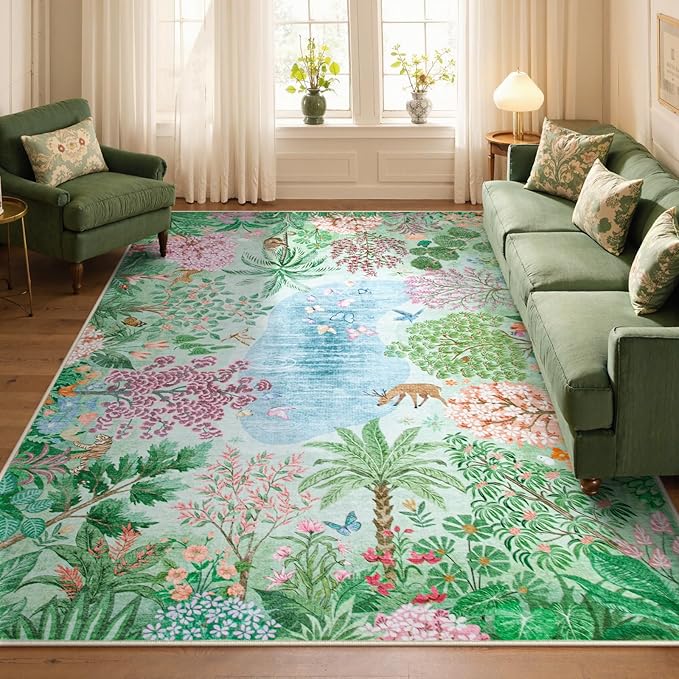 Lahome Spring Jungle Carpet, Green Bedroom Rug 8x10 Under Bed, Large Washable Rugs 8x10 for Living Room, Spring Botanical Non Slip Non Shedding Kids Playroom Floor Carpet for Office Dining Room Decor