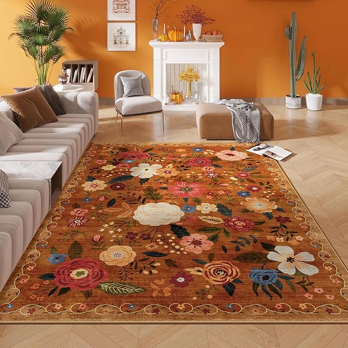 5x7 Washable Area Rug for Living Room, Floral Non-Slip Non-Shedding & Easy Care, Soft Low Pile Boho Indoor Floor Carpet for Living Room, Bedroom, Farmhouse, Dining Room, Kids Playroom, Orange