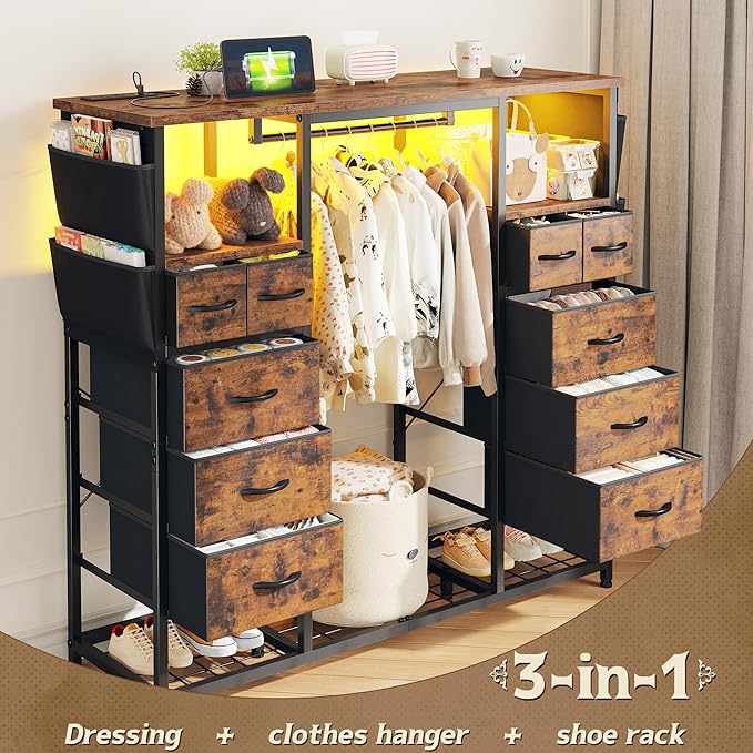 51.2" H Dresser with Hanging Rack, 10 Drawers Dresser for Bedroom, Fabric Chest of Drawers with LED Lights & Charging Station, Wooden Top & Sturdy Frame, Brown