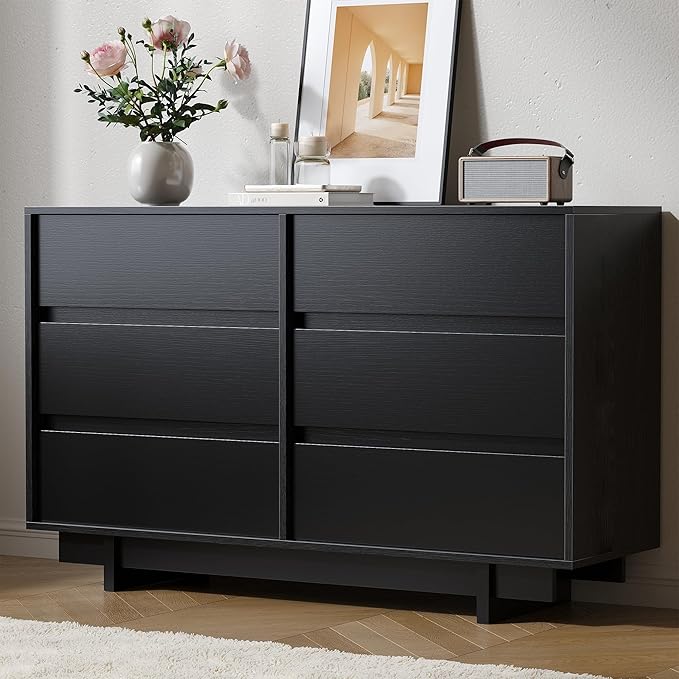 Black Dresser for Bedroom, 47" Wide 6 Drawer Dresser, Mid Century Modern Dressers Chest of Drawers, Wooden Large Dressers for Bedroom, Closet