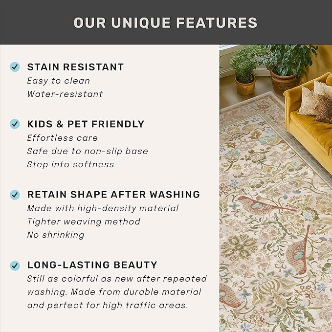 Beige Boho Bathroom Rugs 2x3 Washable Non Slip - Soft Low Pile Small Throw Rug for Entryway, Kitchen, Powder Room - Unique Farmhouse Bird & Pattern Botanical Decorative Door Mats