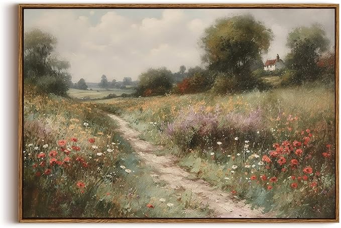 OIQArtOIQ Vintage Landscape Canvas Wall Art Framed Natural Scenery Painting Artwork Prints France Country Wilderness Farmhouse Decor Pictures Kitchen Bedroom Living Room Bathroom