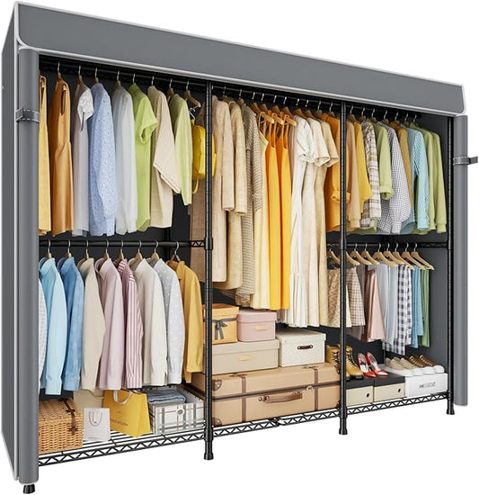 E14C Heavy Duty Closet Organizer System，Freestanding Clothing Racks for Hanging Clothes，Adjustable Garment Rack 70.1" W × 16.6" D × 76.4" H Hold 960 lbs，Black Rack with Grey Dustproof Cover