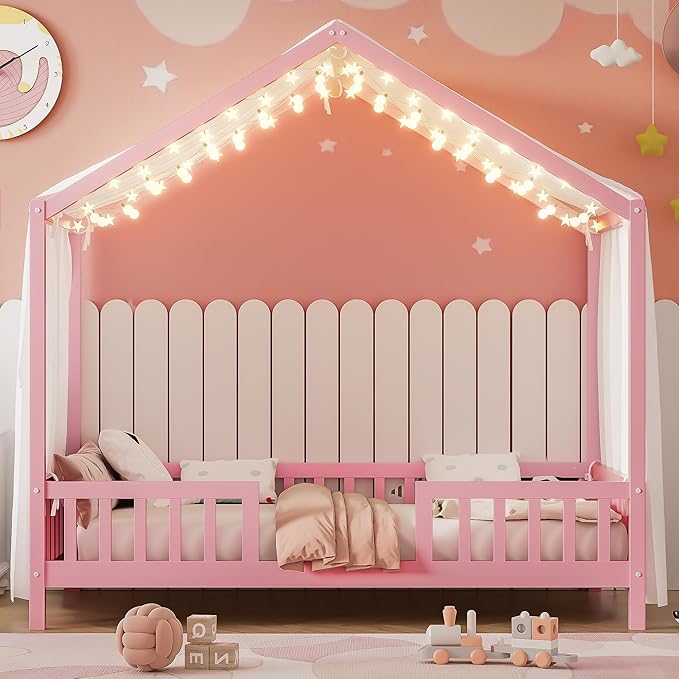 Bellemave Twin House BedFrame with Canopy, Montessori Floor Bed, House Bed with Rails for Kids, Pink