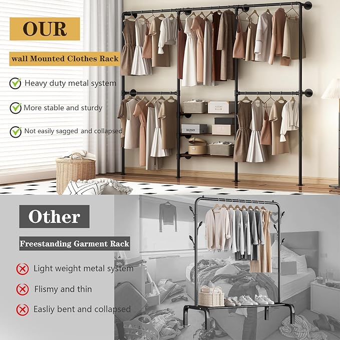 Industrial Pipe Clothing Rack, Wall Mounted Clothes Rack, Heavy Duty Closet Organizers Wardrobe Multi-Purpose Storage Clothes Hanging Shelf-94.5''L Black
