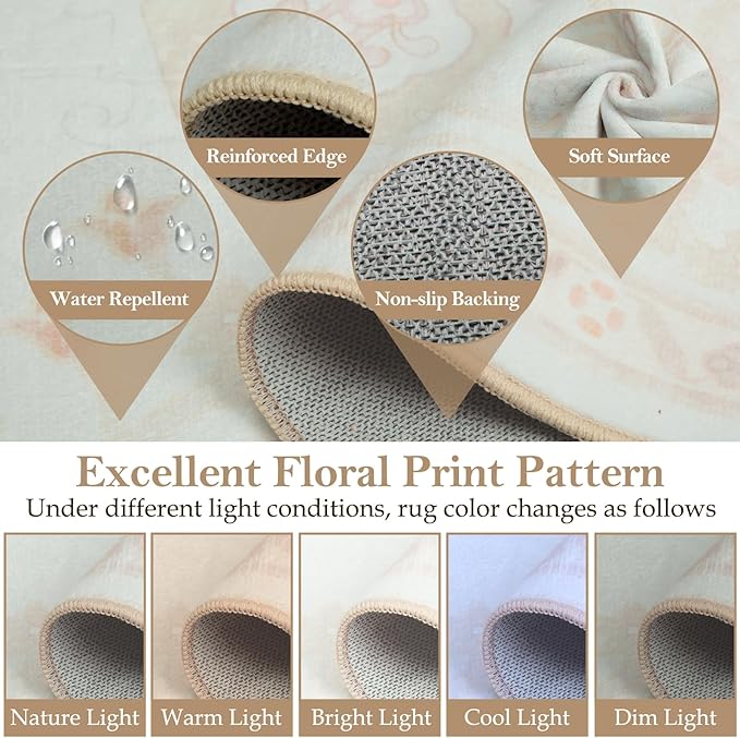 Machine Washable Rugs Nursery Rug 8x10 Area Rugs Girl Non Slip Low Pile Water Repellent Soft Print Pattern for Bedroom Indoor Decor Kids Playroom Cream