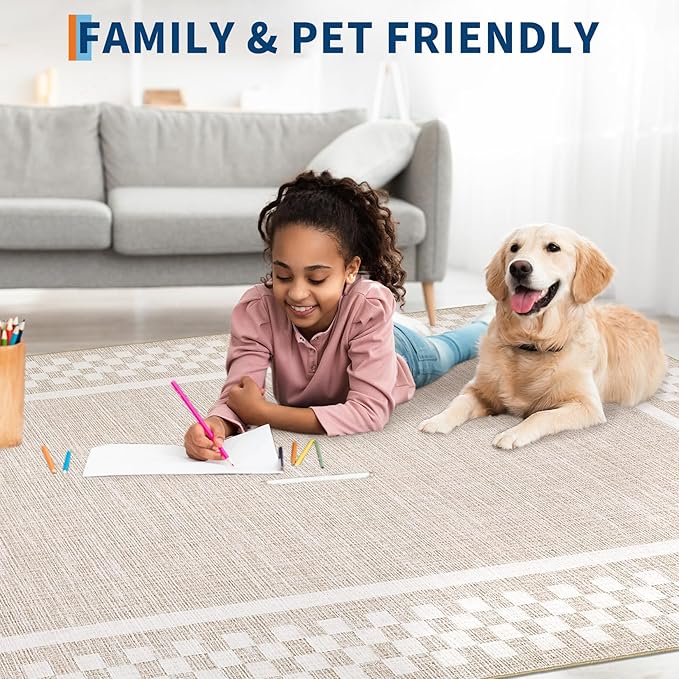 GarveeHome Washable Area Rug 4x6 Small Living Room Rugs Modern Bordered Soft Dining Room Throw Carpet Low Pile Non Slip Checkered Bedroom Rug Geometric Carpet for Nursery Kitchen Home Office, Beige