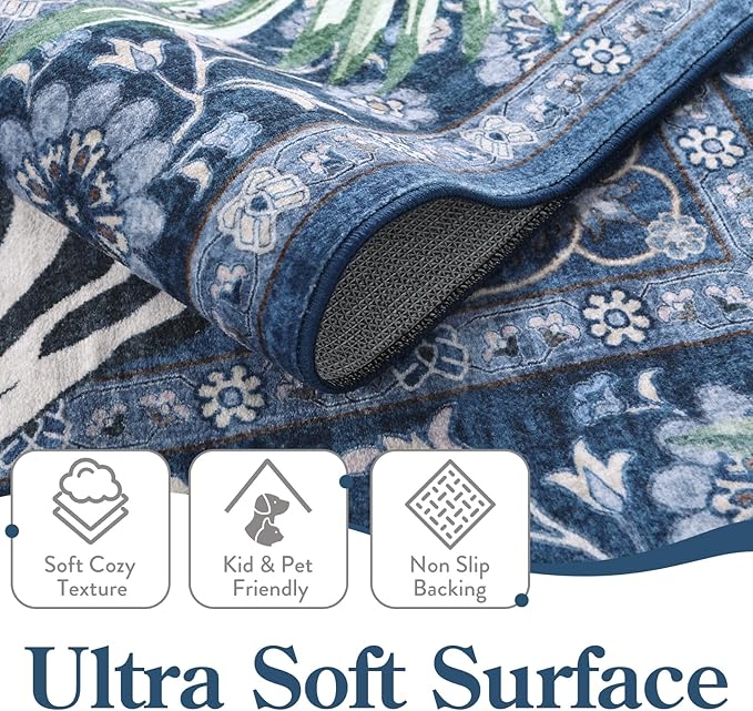 Moynesa Tiger Washable Area Rugs 8x10, Large Boho Rugs for Living Room, Vintage Non Slip Dining Room Rugs for Under Table, Ultra Thin Soft Floor Carpet for Office Bedroom, Blue