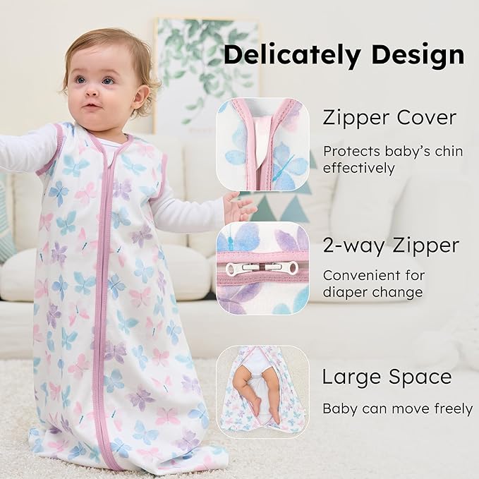 Baby Sleep Sack 6-12 months, 100% Cotton Sleeping Sack for Newborn and Infant, 3 Pack Baby Wearable Blanket, 0.5 Tog Lightweight Double Zipper Sleep Bag Medium Pink Butterfly Flower
