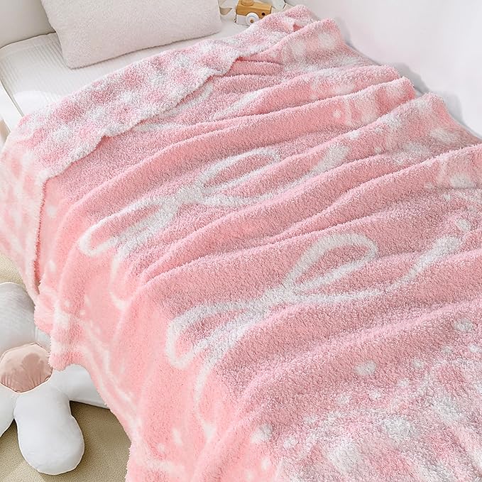 Pink Bow Baby Blanket – Soft Knitted Throw with Adorable Bow Detail for Baby Girls, Nursery Bedding & Shower Gifts – Warm & Gentle, 30x40 Inch