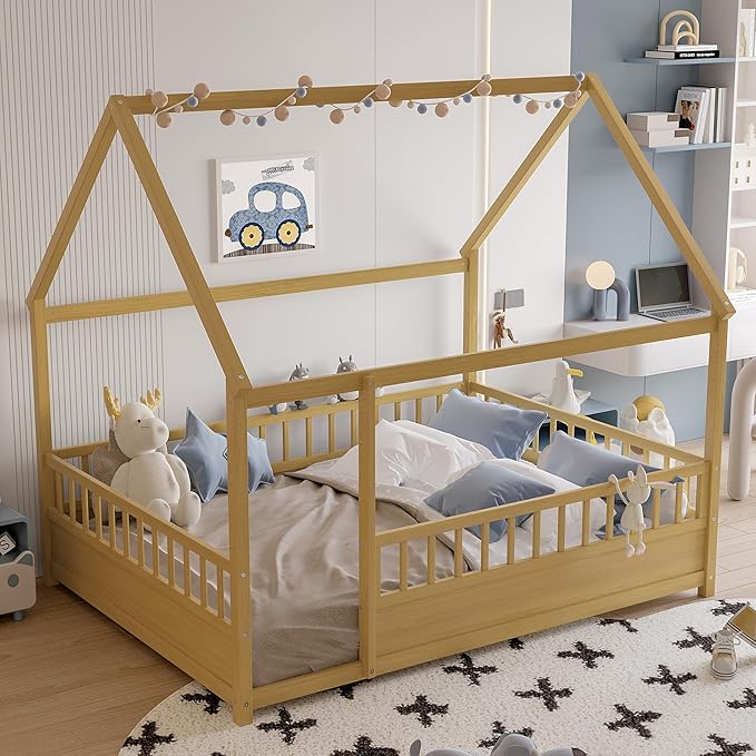 Ball & Cast Full Size House Bed Frame,Montessori Floor Bed with Safety Fence and Roof for Kids,Wood Platform Bedframe W/Open Door for Girls Boys,Bedroom,Playroom,Easy Assembly,Natural